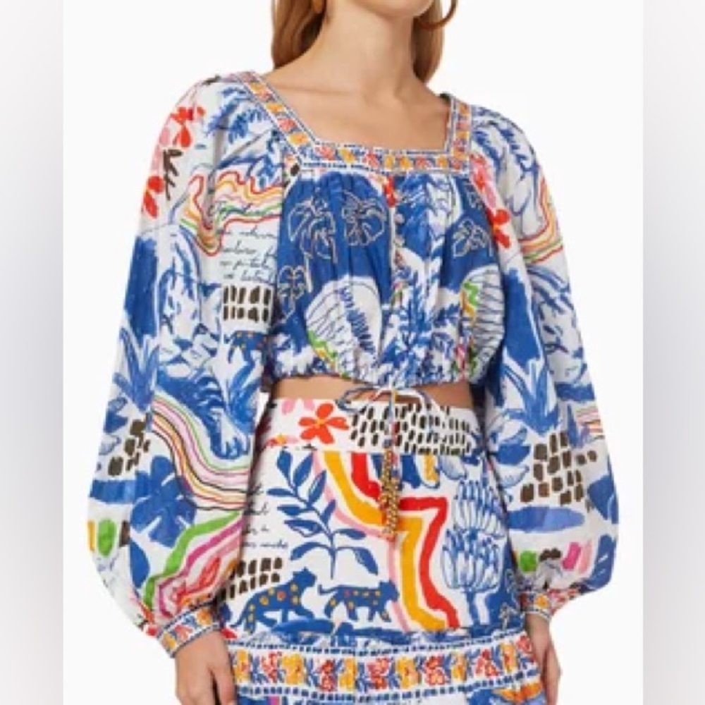 Farm Rio Wild Brazil Cotton Crop Top Drawstring Button Front Multicolor NWT XS - Picture 5 of 16